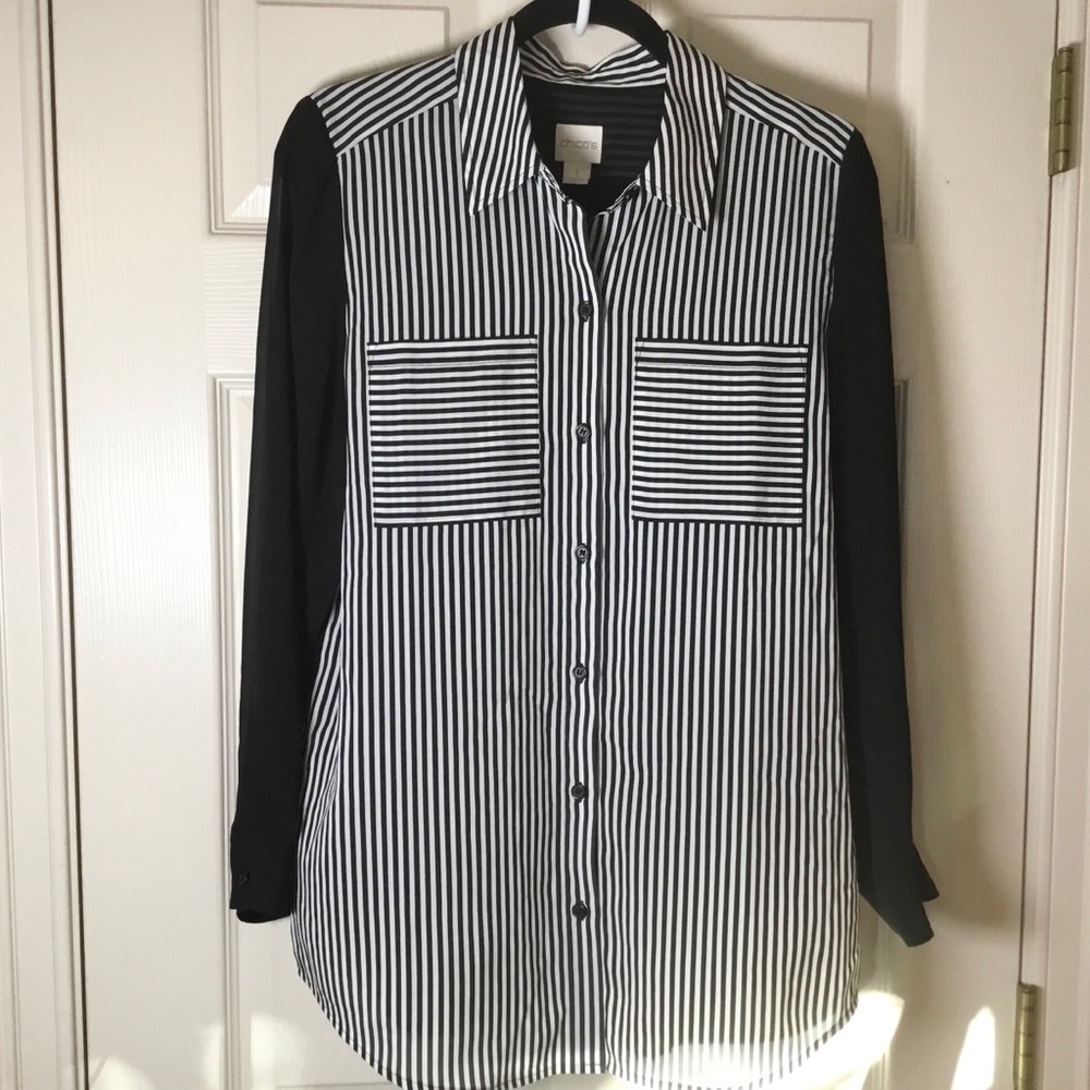 Chico's Black/White Striped Sheer Back Button-Down Shirt - 8/Chico’s 1